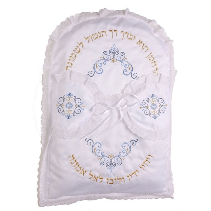 Rikmat Elimelech Swirls Bris Pillow - Blue and Gold