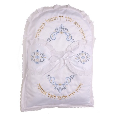 Rikmat Elimelech Swirls Bris Pillow - Blue and Gold