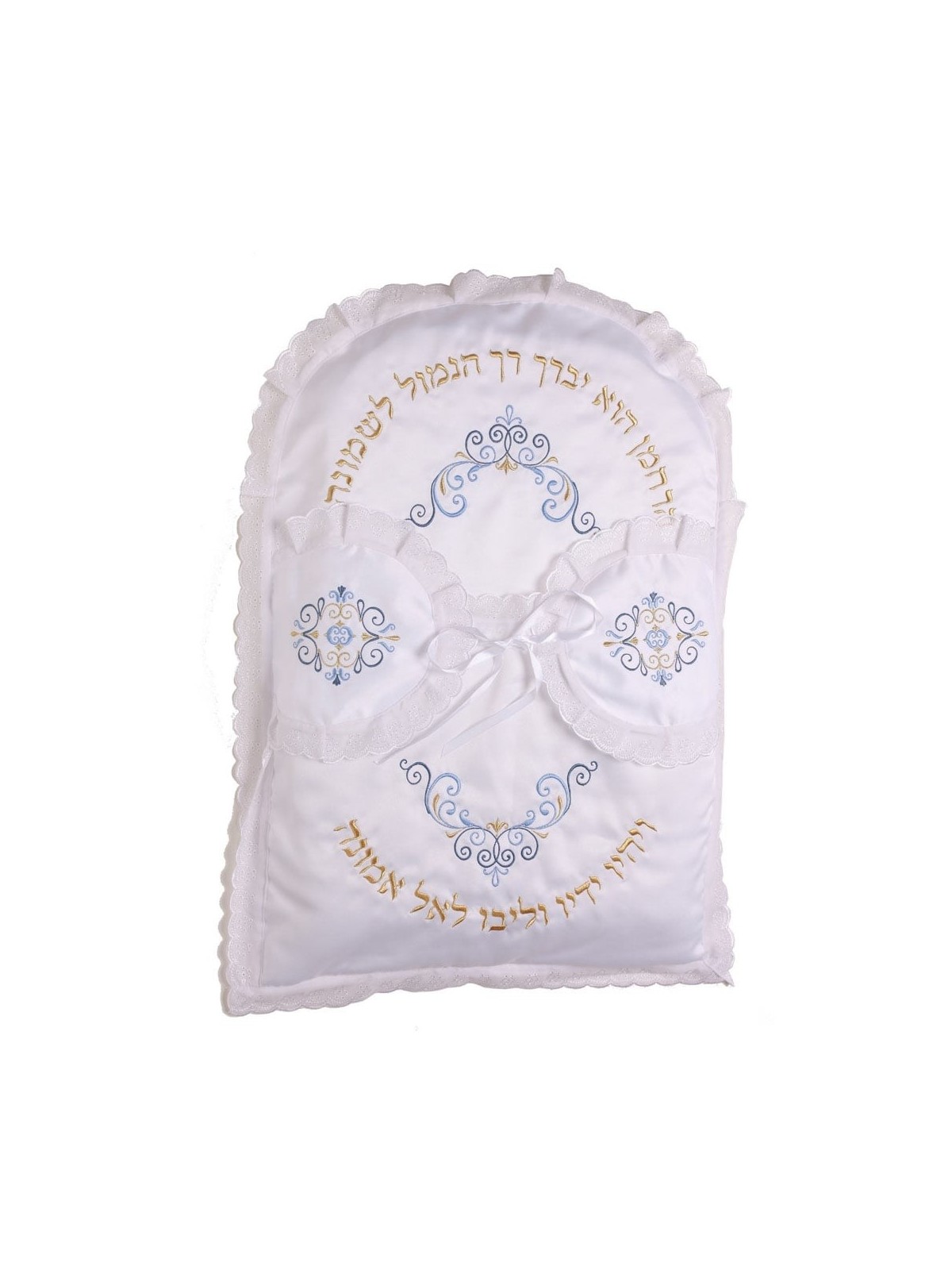 Rikmat Elimelech Swirls Bris Pillow - Blue and Gold