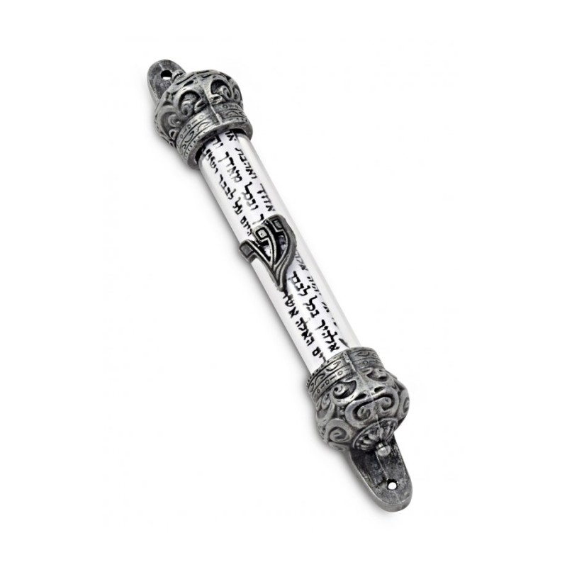 Small Pewter Colored Mezuzah Case with Shema Praye... | Pewter Mezuzah