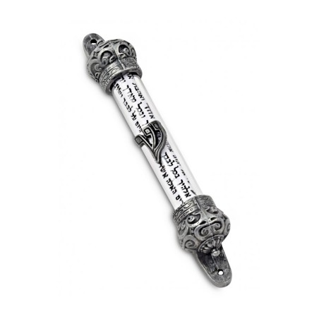 Small Pewter Colored Mezuzah Case with Shema Praye... | Pewter Mezuzah
