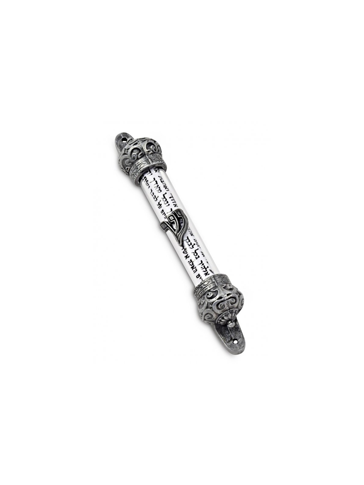 Small Pewter Colored Mezuzah Case with Shema Praye... | Pewter Mezuzah