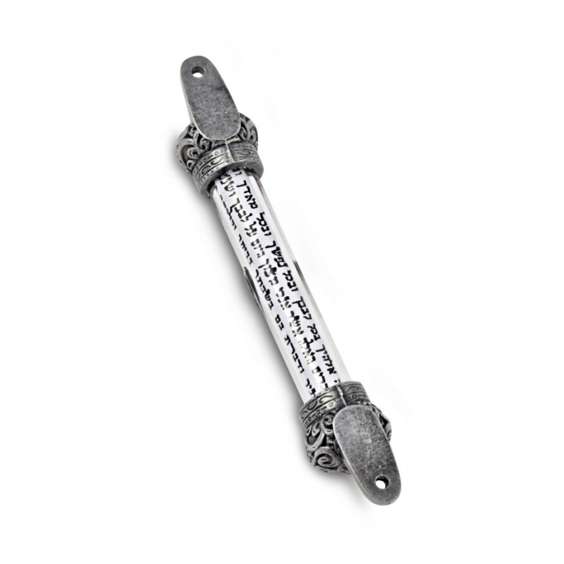 Small Pewter Colored Mezuzah Case with Shema Praye... | Pewter Mezuzah