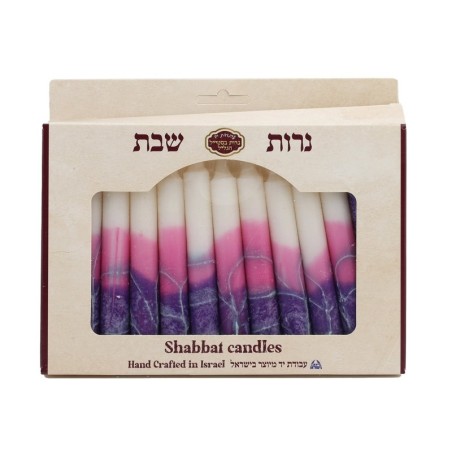 12 Handcrafted Designer Shabbat Candles - Purple and White