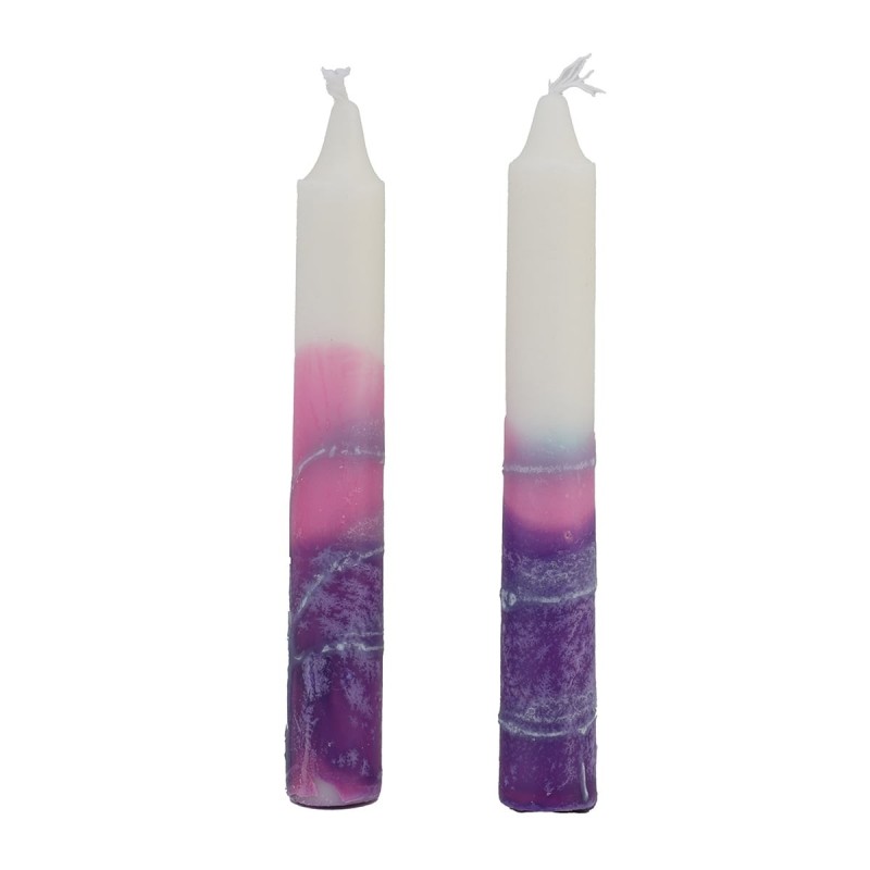 12 Handcrafted Designer Shabbat Candles - Purple and White