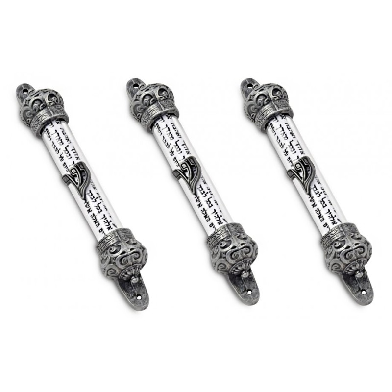 Small Pewter Colored Mezuzah Case with Shema Praye... | Pewter Mezuzah