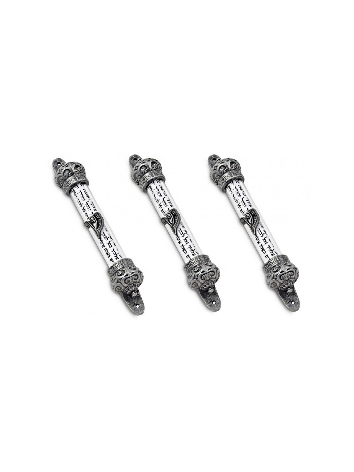 Small Pewter Colored Mezuzah Case with Shema Praye... | Pewter Mezuzah