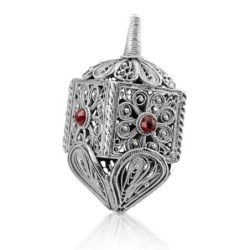 Sterling Silver Filigree Dreidel with Red Garnet Gemstones