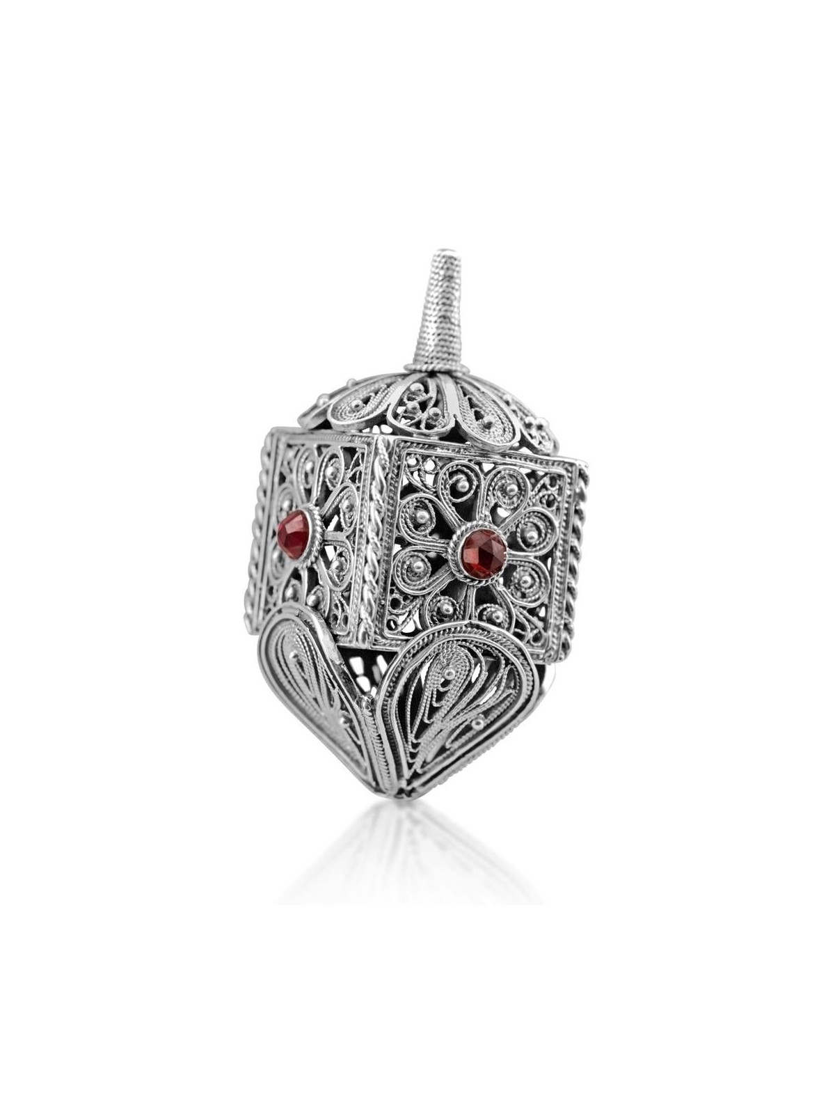 Sterling Silver Filigree Dreidel with Red Garnet Gemstones