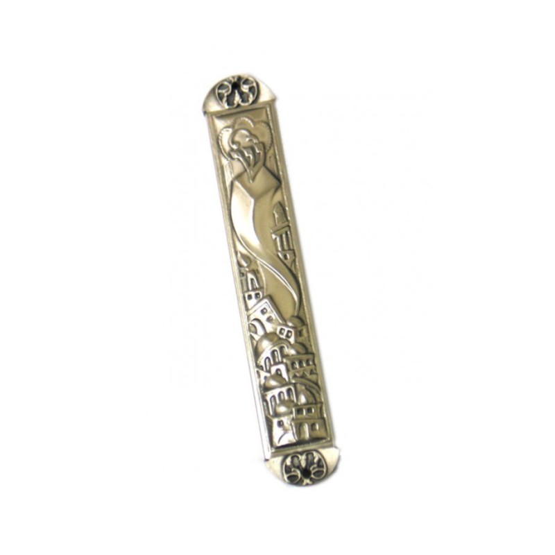 Pewter Plated Mezuzah Case Wave Jerusalem Design Gray | Pewter Mezuzah