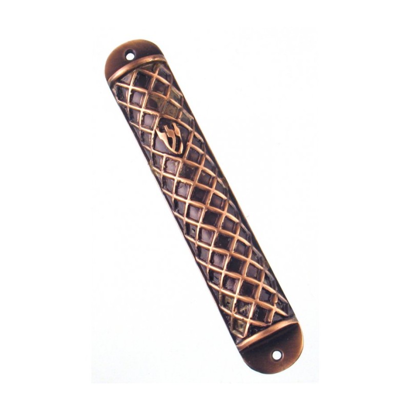 Wide Copper Color Pewter Mezuzah Case Criss Cross ... | Pewter Mezuzah