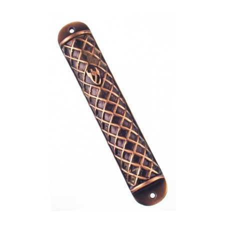 Wide Copper Color Pewter Mezuzah Case Criss Cross ... | Pewter Mezuzah