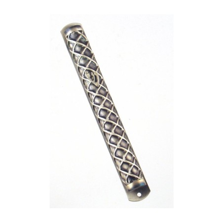 Round Pewter Mezuzah Case with Criss Cross Design | Pewter Mezuzah