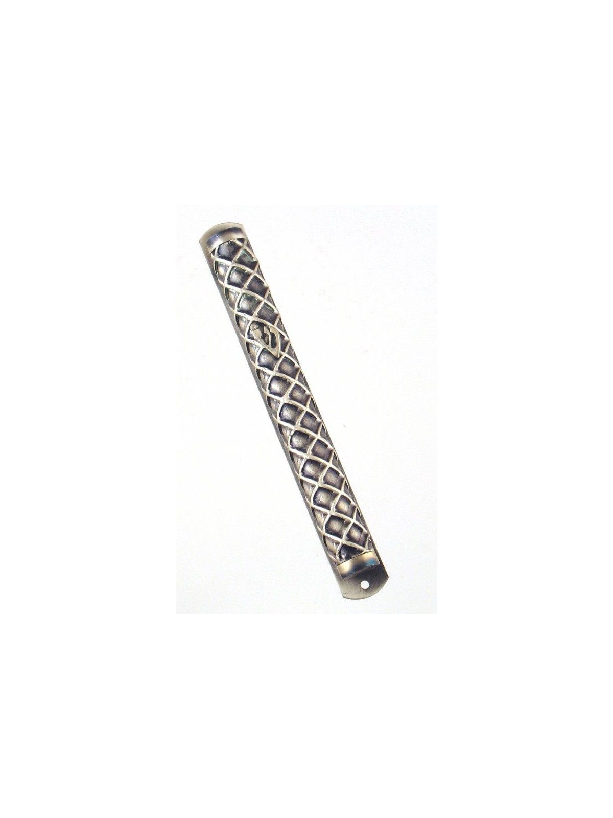 Round Pewter Mezuzah Case with Criss Cross Design | Pewter Mezuzah