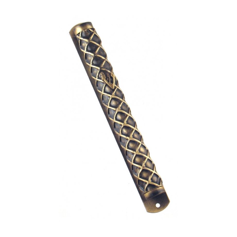 Round Pewter Mezuzah Case with gold criss cross De... | Pewter Mezuzah
