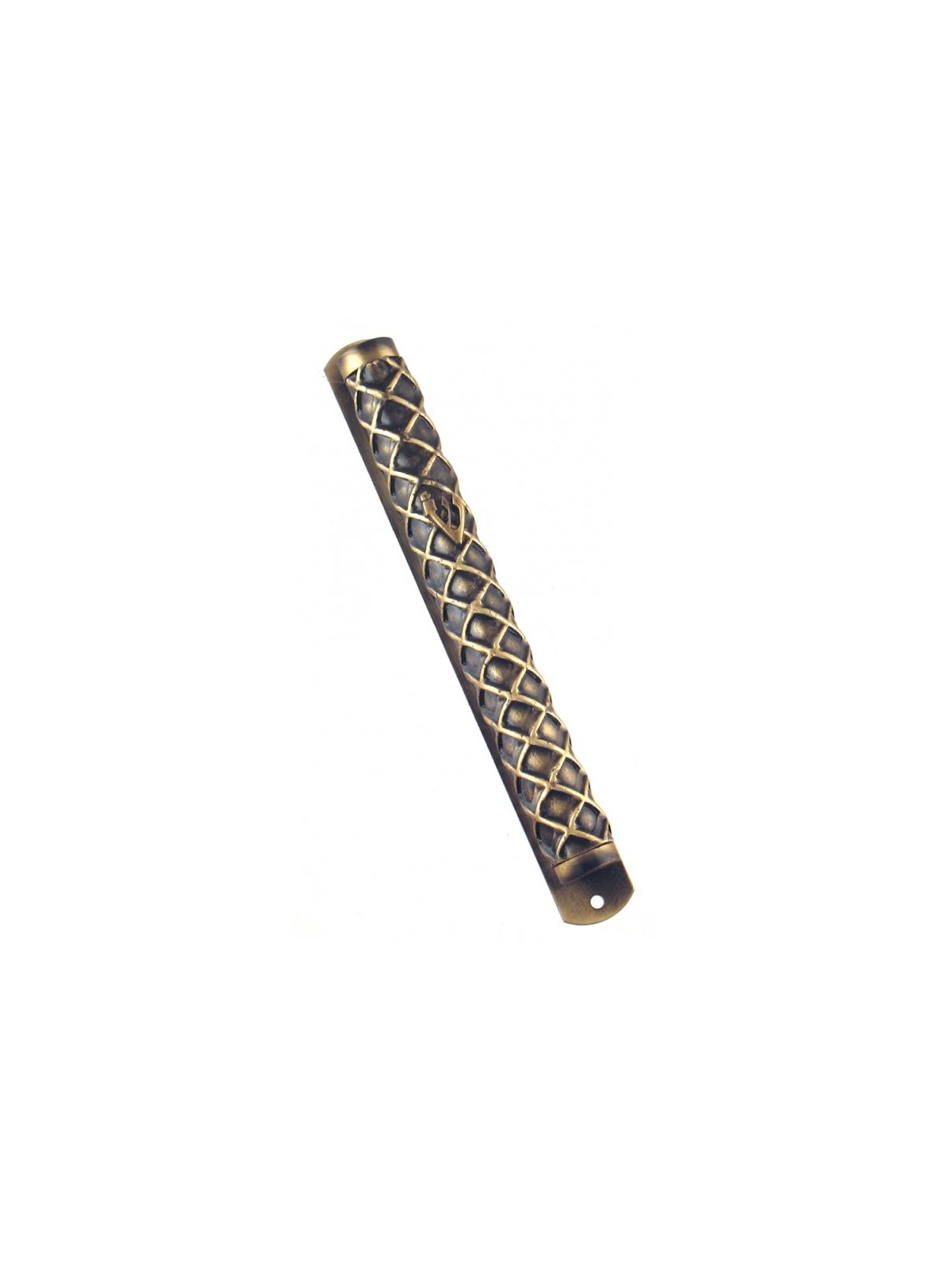 Round Pewter Mezuzah Case with gold criss cross De... | Pewter Mezuzah