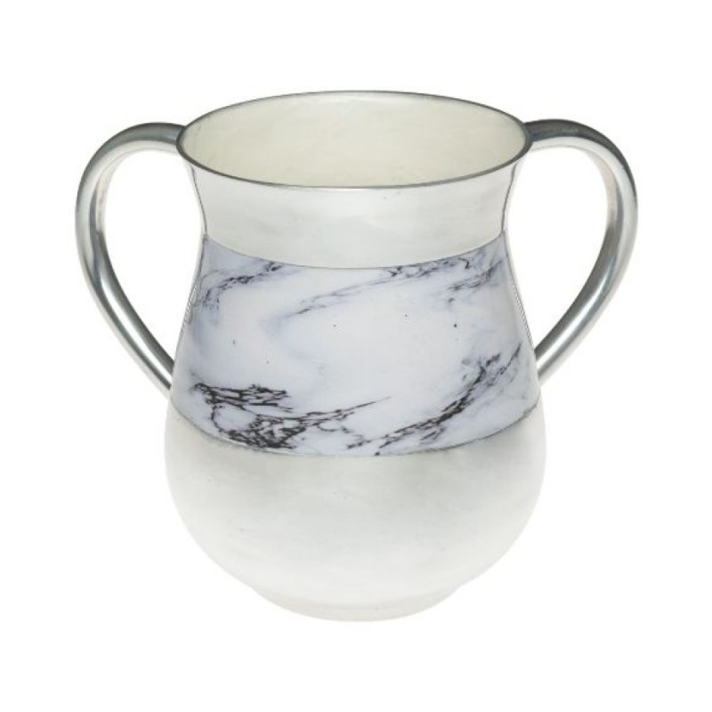Netilat Yadayim Wash Cup Aluminum White Marble Design | Wash Cups
