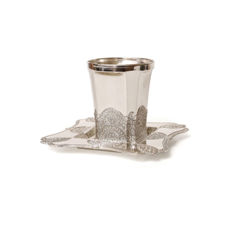 Silver Plated Kiddush Cup and Square Tray Filigree d... | Kiddush Cups