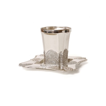 Silver Plated Kiddush Cup and Square Tray Filigree d... | Kiddush Cups