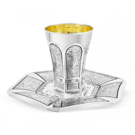 Sterling Silver Shabbat Kiddush Cup with Plate Ham... | Silver Judaica