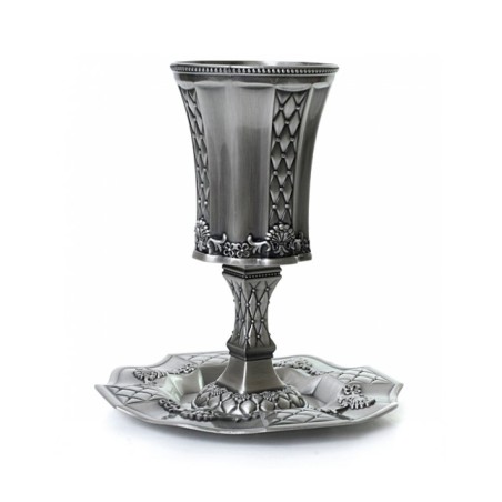 Pewter Kiddush Cup on Stem with Tray  Diamond... | Pewter Kiddush Cups