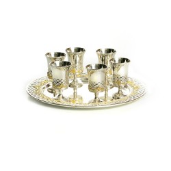 Six Small Kiddush Cups on Tray Silver Pla... | Jewish Gift from Israel