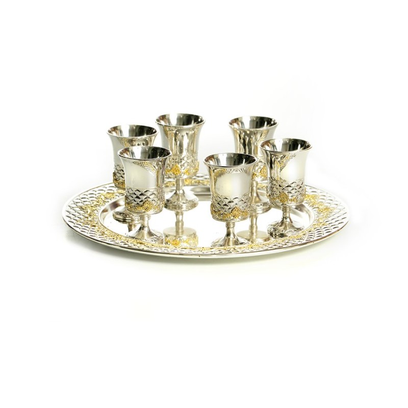 Six Small Kiddush Cups on Tray Silver Pla... | Jewish Gift from Israel