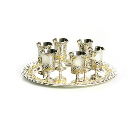 Six Small Kiddush Cups on Tray Silver Pla... | Jewish Gift from Israel