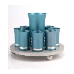 Teal Silver 9 Kiddush Cup Set by Agayof | Jewish Gift from Israel