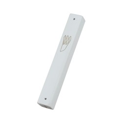 White Wood Mezuzah Case with Gold Shin Outline | Wood Mezuzah