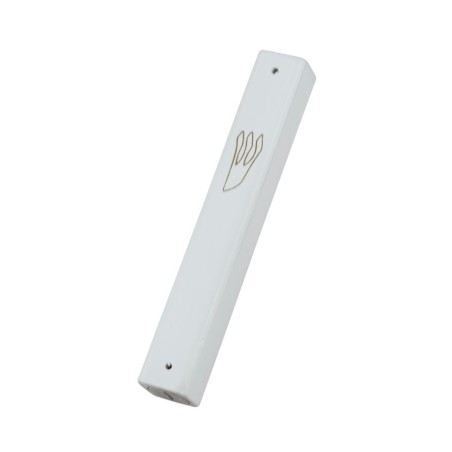 White Wood Mezuzah Case with Gold Shin Outline | Wood Mezuzah