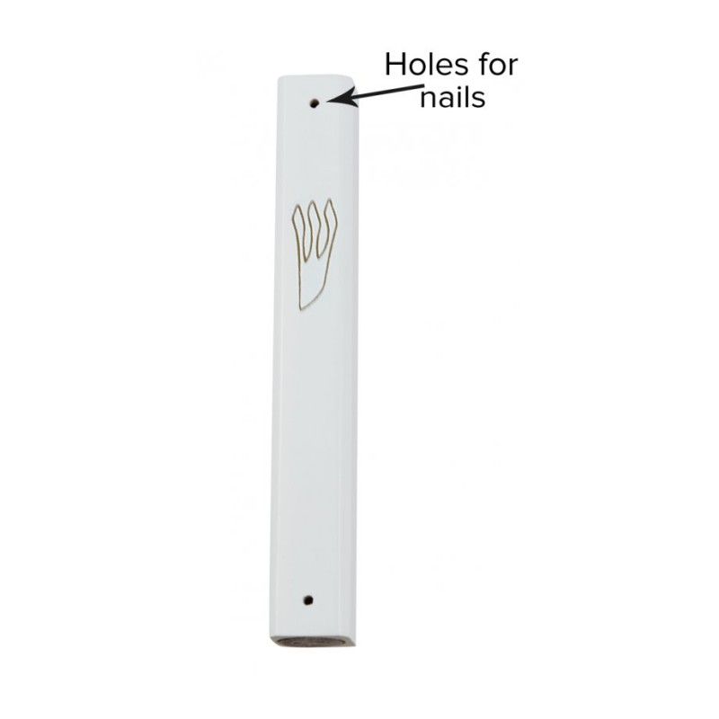 White Wood Mezuzah Case with Gold Shin Outline | Wood Mezuzah