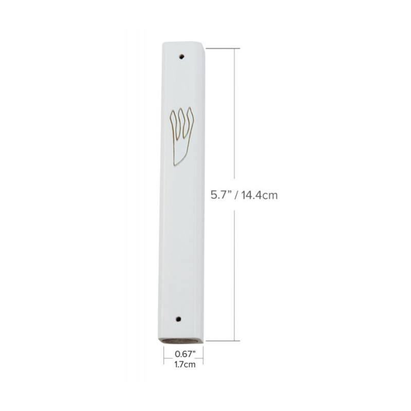 White Wood Mezuzah Case with Gold Shin Outline | Wood Mezuzah