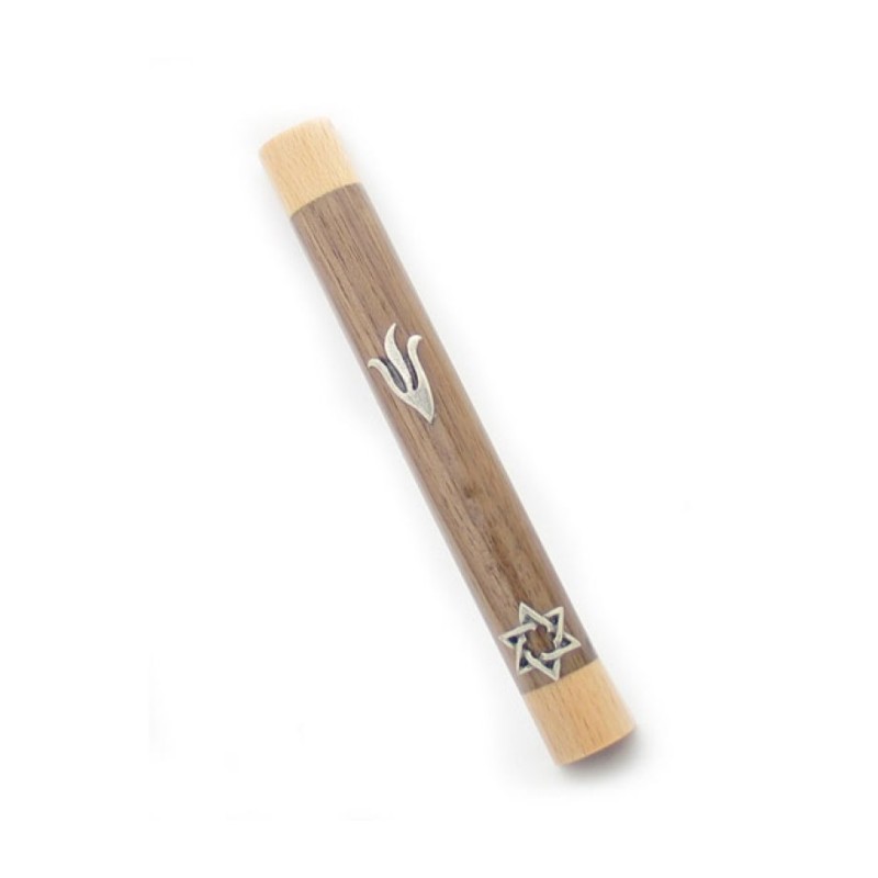 Two Tone Brown Wood Mezuzah Case %96 Silver Pewter F... | Wood Mezuzah