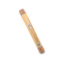 Light Brown Wood Rounded Mezuzah Case Shin and Star ... | Wood Mezuzah