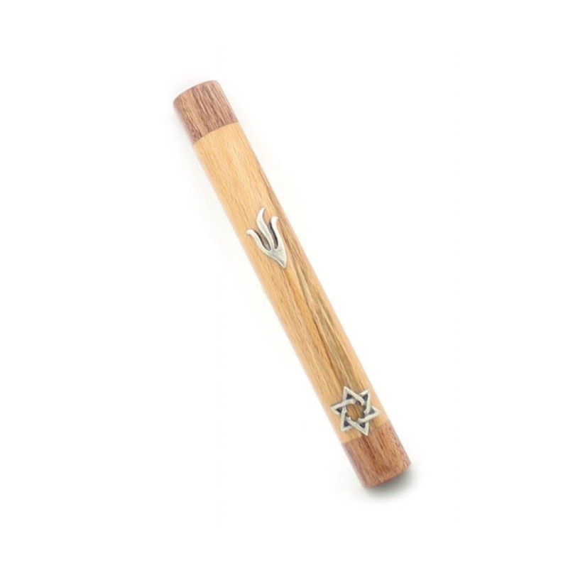 Light Brown Wood Rounded Mezuzah Case Shin and Star ... | Wood Mezuzah