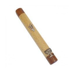 Two Tone Brown Wood Mezuzah Case with Shin and Menor... | Wood Mezuzah