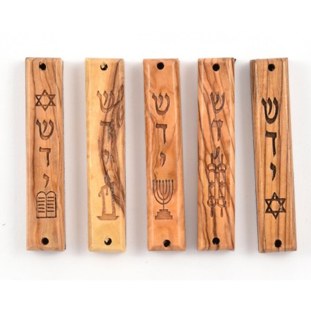 Set of Five Olive Wood Mezuzah Cases with Judaic Sym... | Wood Mezuzah