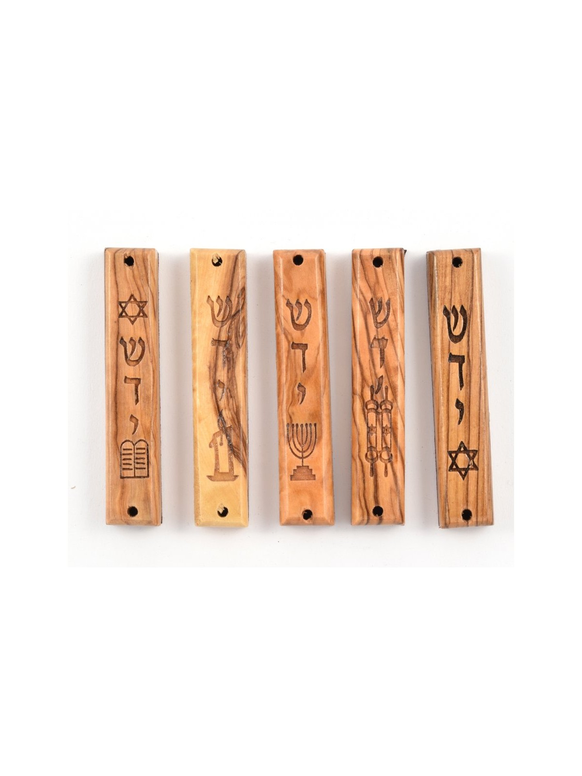 Set of Five Olive Wood Mezuzah Cases with Judaic Sym... | Wood Mezuzah