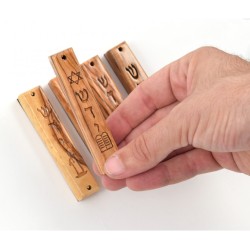 Set of Five Olive Wood Mezuzah Cases with Judaic Sym... | Wood Mezuzah