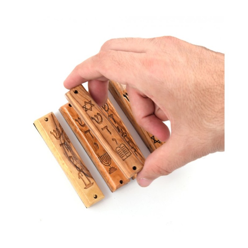 Set of Five Olive Wood Mezuzah Cases with Judaic Sym... | Wood Mezuzah