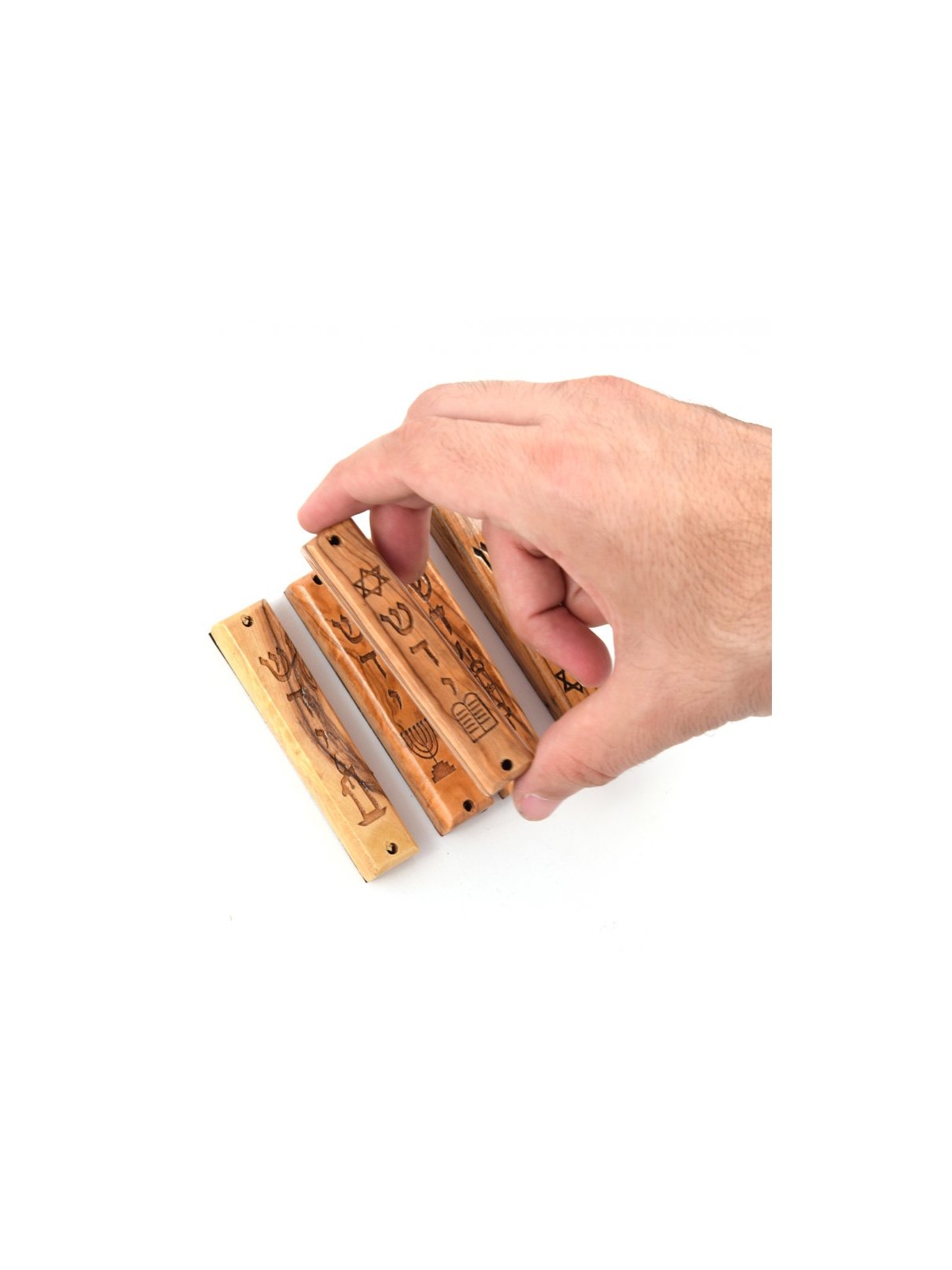 Set of Five Olive Wood Mezuzah Cases with Judaic Sym... | Wood Mezuzah