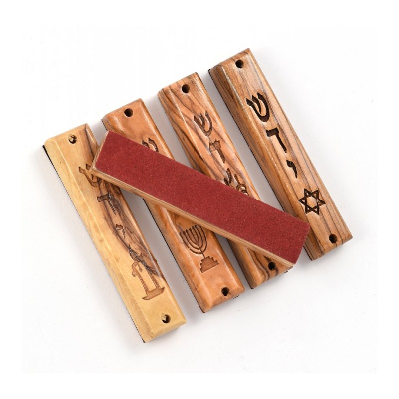 Set of Five Olive Wood Mezuzah Cases with Judaic Sym... | Wood Mezuzah