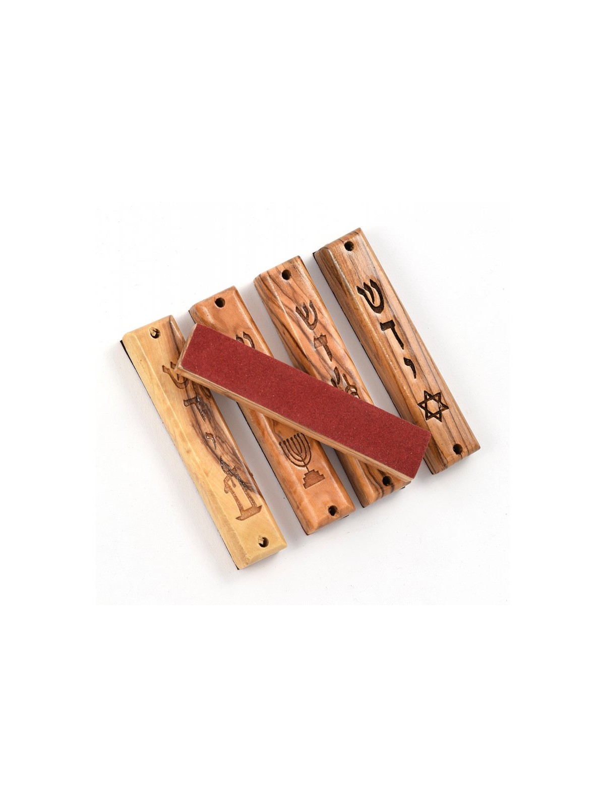 Set of Five Olive Wood Mezuzah Cases with Judaic Sym... | Wood Mezuzah