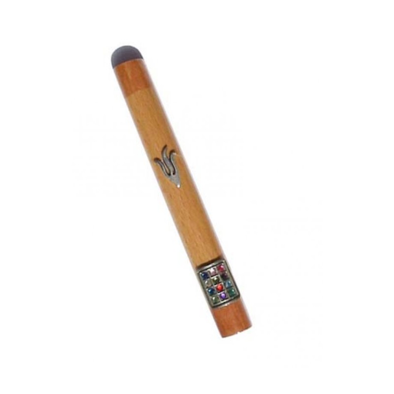 Light Brown Wood Mezuzah Case Shin and Colored Breas... | Wood Mezuzah
