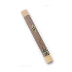 Two Tone Brown Wood Mezuzah Case with Shin and Menor... | Wood Mezuzah