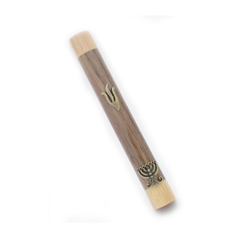 Two Tone Brown Wood Mezuzah Case with Shin and Menor... | Wood Mezuzah