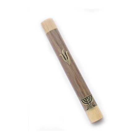 Two Tone Brown Wood Mezuzah Case with Shin and Menor... | Wood Mezuzah