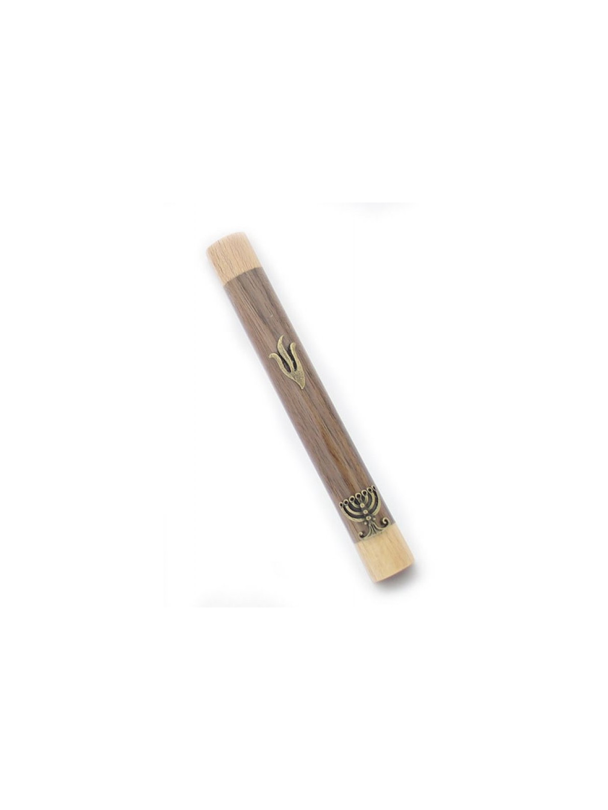 Two Tone Brown Wood Mezuzah Case with Shin and Menor... | Wood Mezuzah