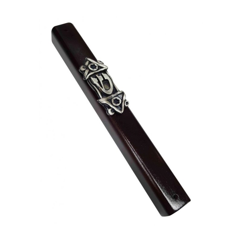 Dark Brown Wood Mezuzah Case with Shin on Decorative... | Wood Mezuzah